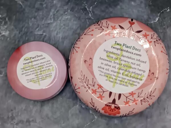 Back of one small and one large tin of Soothing Smoothing Facial Balm