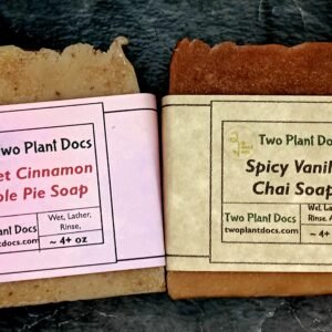 Two square soaps. One Sweet Cinnamon Apple Pie Soap and one Spicy Vanilla Chai Soap. Missing from picture is Spicy Pumpkin Soap.