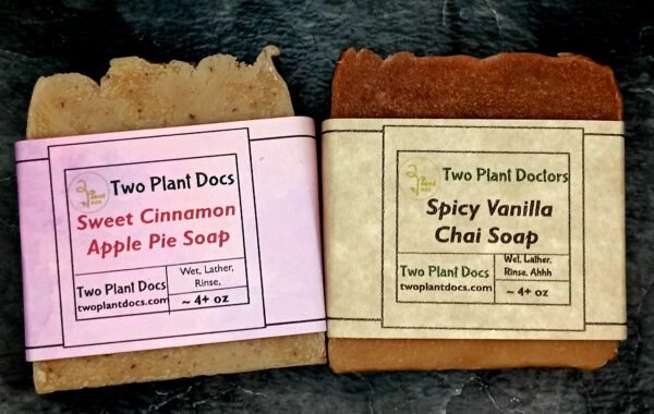 Two square soaps. One Sweet Cinnamon Apple Pie Soap and one Spicy Vanilla Chai Soap. Missing from picture is Spicy Pumpkin Soap.