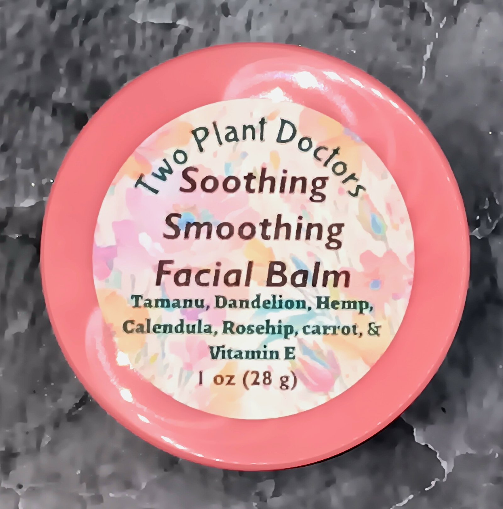 pink, round lid with floral label for Soothing Smoothing Facial Balm