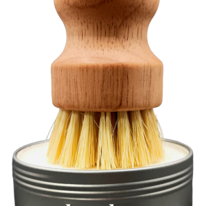 bamboo and sisal dish brush on top of dish soap tin