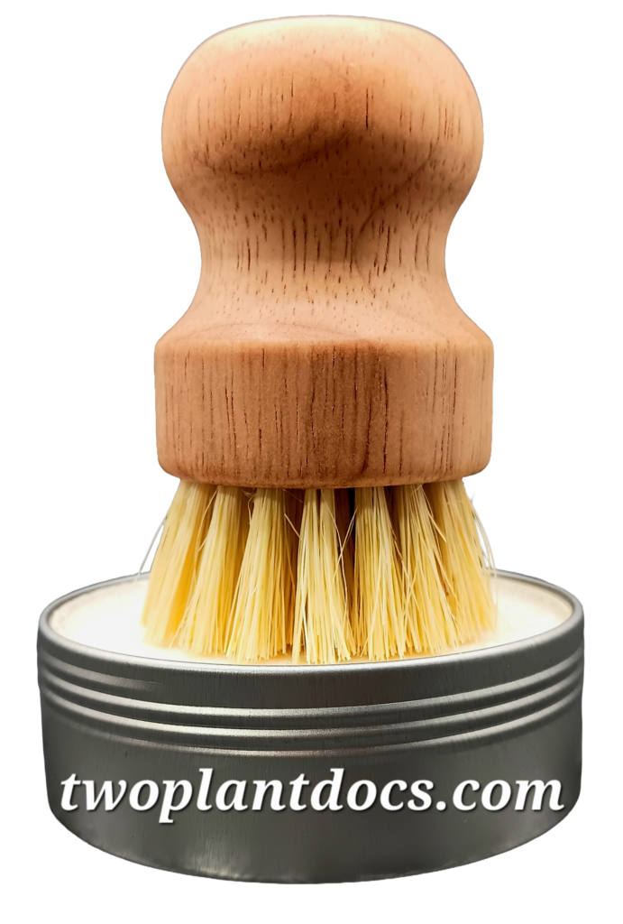 bamboo and sisal dish brush on top of dish soap tin