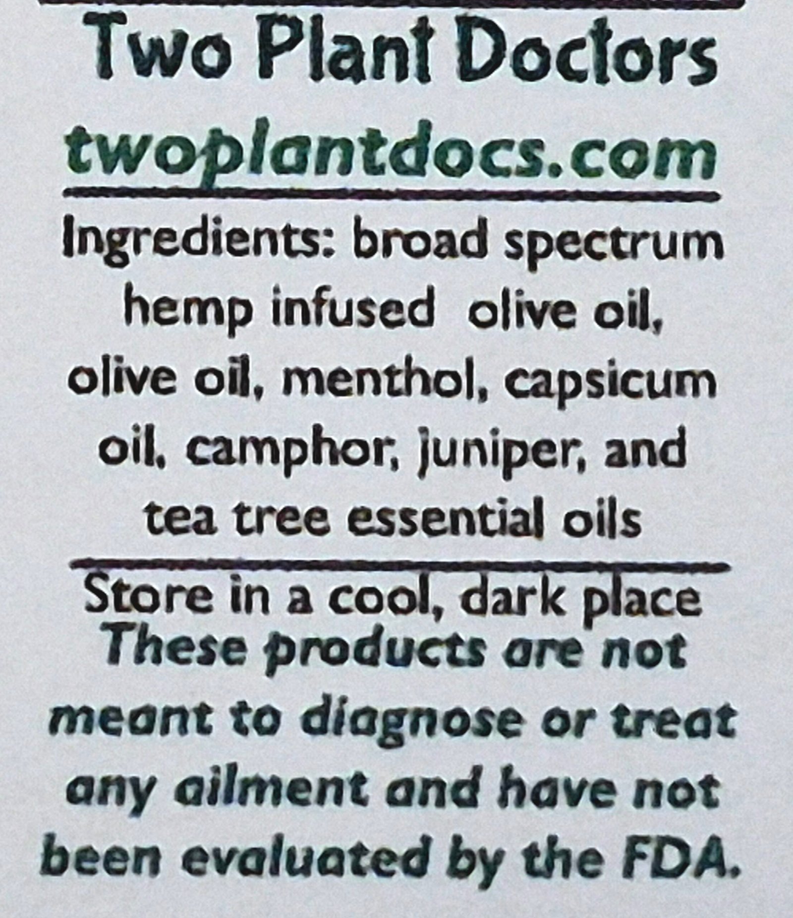 Ingredients list: broad spectrum hemp infused olive oil, olive oil, menthol, capsicum oil, camphor, juniper & tea tree essential oils