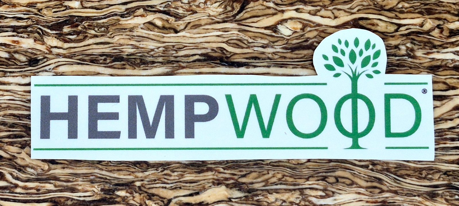 picture of HempWood label on a background of patterned hemp wood