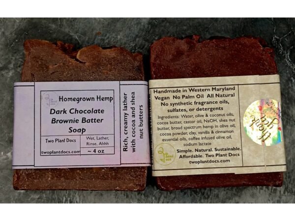 Two rectangular dark brown Dark Chocolate Brownie Batter Soaps front and back.