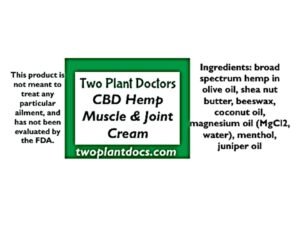 Ingredients list for CBD Hemp Muscle & Joint Cream: broad spectrum hemp flower extract in olive oil, shea nut butter, beeswax, coconut oil, magnesium oil (magnesium chloride, water), menthol, juniper oil