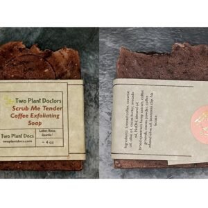 Two dark brown Scrub Me Tender Coffee Exfoliating Soaps.