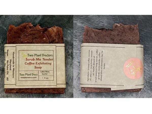 Two dark brown Scrub Me Tender Coffee Exfoliating Soaps.