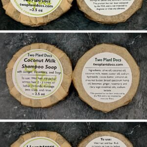 Six round bars of shampoo soap, including Soothing Shampoo Soap, Coconut Milk Shampoo Soap, and Hemptress Shampoo Soap