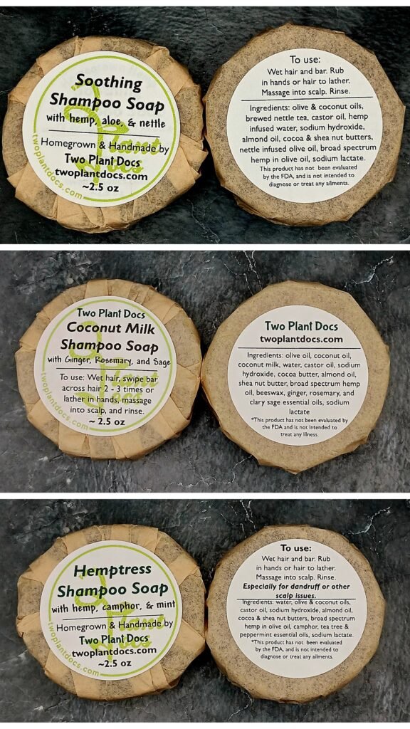 Six round bars of shampoo soap, including Soothing Shampoo Soap, Coconut Milk Shampoo Soap, and Hemptress Shampoo Soap