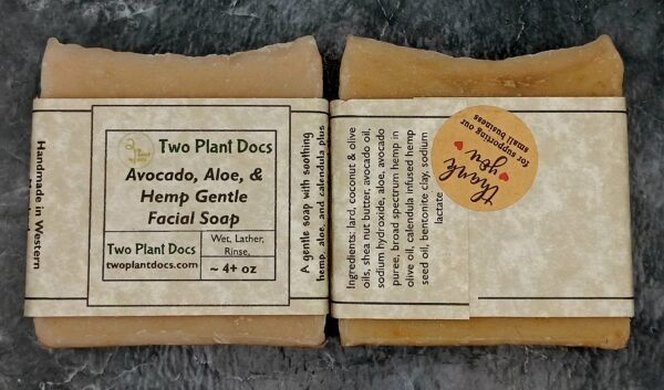 Two square Avocado, Aloe, & Hemp Gentle Facial Soaps. One picture of the front, and one picture of the back.