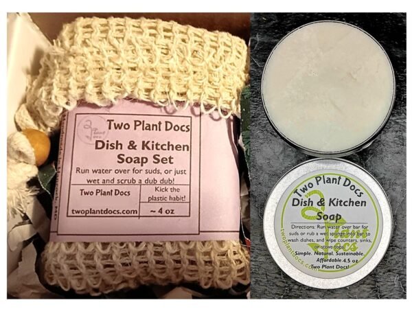 One rectangular woven bag containing dish and kitchen soap and one open round tin of dish and kitchen soap with lid under open tin