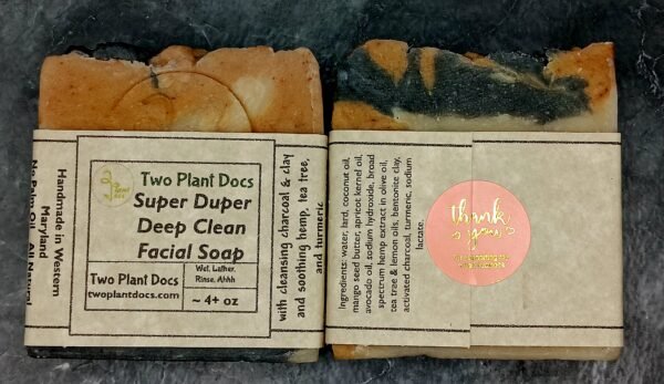 Two square Super Duper Deep Clean Facial Soaps. One picture of the front and one picture of the back.