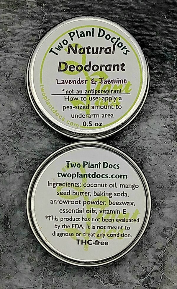 Front and back of a small tin of deodorant