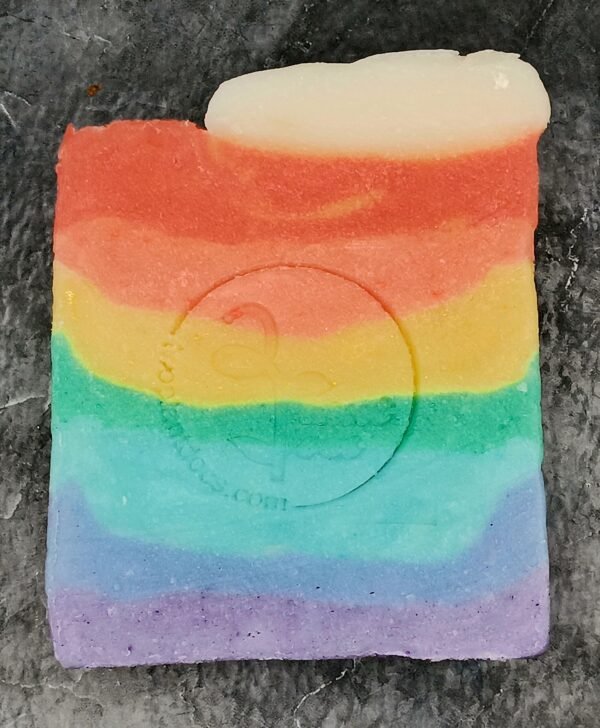 A rectangular rainbow striped soap