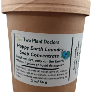 a brown lidded soup container with Happy Earth Laundry Soap Concentrate front label