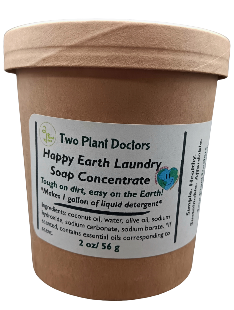 a brown lidded soup container with Happy Earth Laundry Soap Concentrate front label