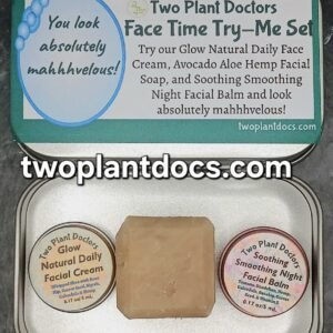 rectangular hinged tin with two circular lidded tins and one square piece of soap