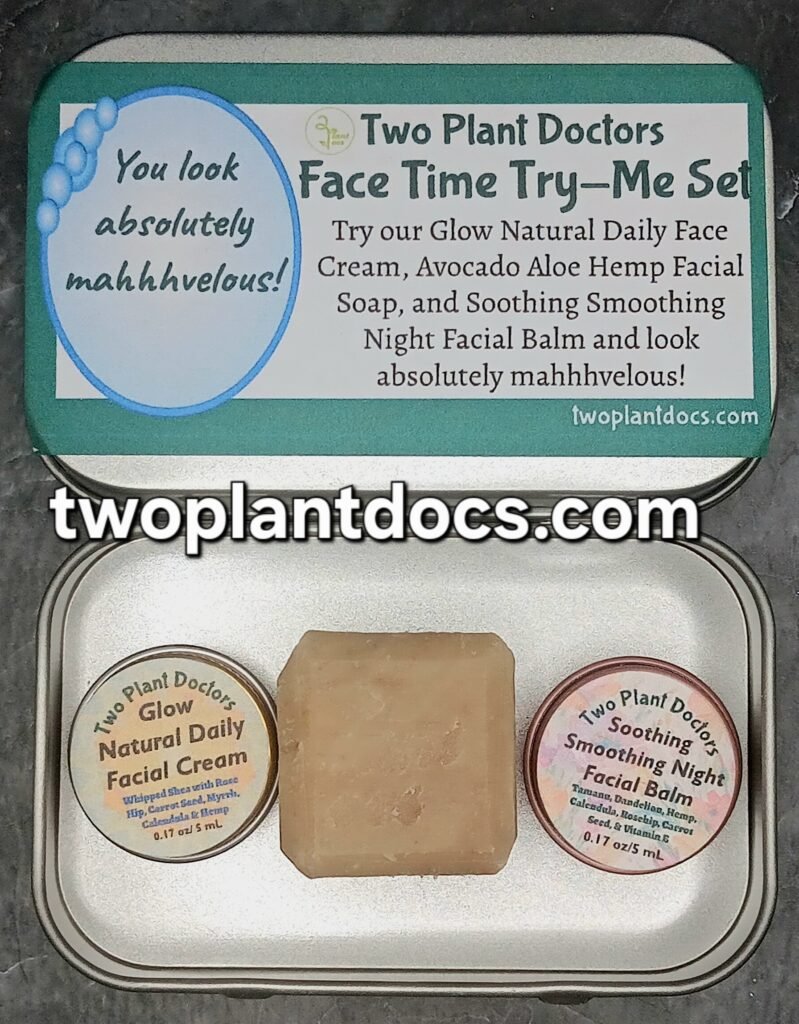 rectangular hinged tin with two circular lidded tins and one square piece of soap