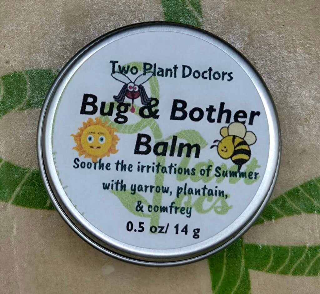 Top of small, circular tin with Bug & Bother label, and images of a sunshine, mosquito, and stinging bee