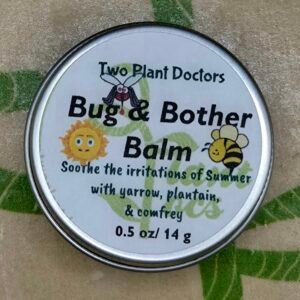 Top of small, circular tin with Bug & Bother label, and images of a sunshine, mosquito, and stinging bee