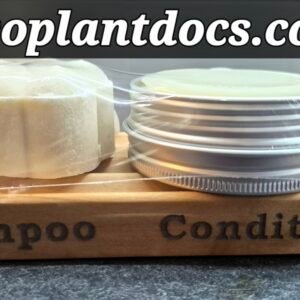 A long wooden soap tray with a flower shaped bar and a round bar in a metal tin
